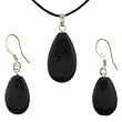 Black Jasper Flatdrop Shaped Pendant and Earrings Set - Pendant - 13x22mm, Earrings - 11x17mm - Adjustable Cord Necklace