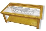IMAGE OF Oak Glass Top Coffee Table With Chincoteague Horse Etched Glass - Chincoteague Horse Coffee Table Furniture - Unique Chincoteague Horse Gift Ideas - Fully Assembled - 39