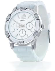 Womens Geneva White w/ Silver Chronograph Silicone Rubber Jelly with CZ Crystal Rhinestones Face Bling Bezel