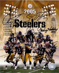 Signed Steelers, Pittsburgh (2005) 8x10 by the 2005 Pittsburgh Steelers; an autographed picture of the 2005 Pittsburgh Steelers, including autographs from James Farrior, Alan Faneca, Troy Polamalu, Antwaan Randle El, Tommy Maddox, Joey Porter, Jerome Bettis, Ben Roethlisberger, Hines Ward, and Duce Staley, a total of 10 signatures. Photo