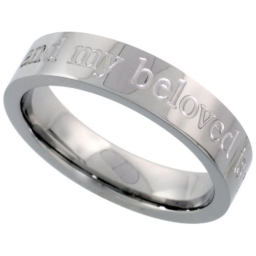 Surgical Steel Flat 5mm Wedding Band Ring I AM MY BELOVEDS AND MY BELOVED IS MINE Carved-out Polished Finish Comfort-Fit, sizes 5 to 9