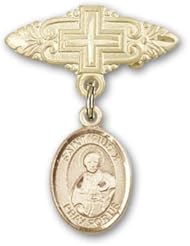 14K Gold Baby Badge with St. Pius X Charm and Badge Pin with Cross