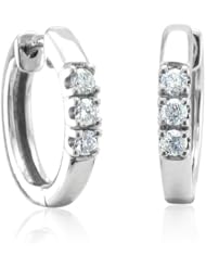 10k White Gold 3 Stone Hoop Huggies Diamond Earrings (HI, I1-I2, 0.18 carat)