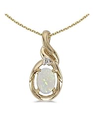 Birthstone Company 14k Yellow Gold Oval Opal And Diamond Pendant with 18" Chain
