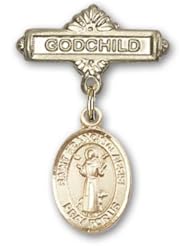 14K Gold Baby Badge with St. Francis of Assisi Charm and Godchild Badge Pin