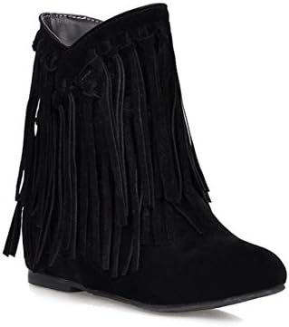Emmalinglina Women's Solid Round Toe Scrub Leather Tassels Hidden Heel Boots 9 B(M)US Black