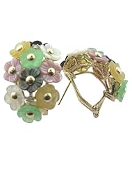 Multicolored Jade and Mother Of Pearl Floral Garden Earrings, 14k Gold