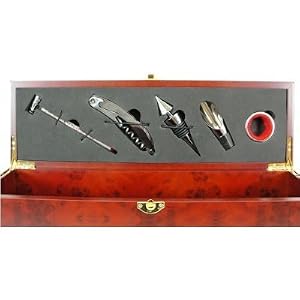 6 Piece Rosewood and Leather Bottle Holder Set with Stainless Steel Accesories