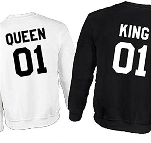 Autumn Long-Sleeved Sweatshirts Men Women King Queen 01 Letters Printed O-Neck Couples Shirt (S, Women White)