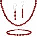 Sterling Silver 4mm Simulated Red Coral Stone Bead Beaded Dangle Hook Earrings Stretch Bracelet Necklace 15-19" Jewelry Set
