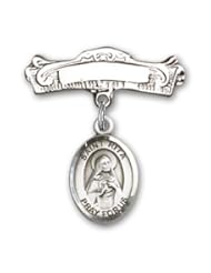Sterling Silver Baby Badge with St. Rita Baseball Charm and Arched Polished Badge Pin