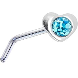 Sterling Silver Aqua Gem Heart L-Shaped Nose Ring