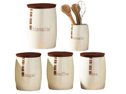 5 PIECE TEA SUGAR COFFEE BISCUIT CANISTER JAR UTENSIL STORE SET