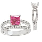 18k Chatham 6mm princess cut pink sapphire color #150 engagement ring with split shank 18k Chatham 6mm princess cut pink sapphire color #150 engagement ring with split shank