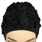 BLACK FLORAL EMBOSS VINTAGE STY LATEX SWIM BATHING CAP