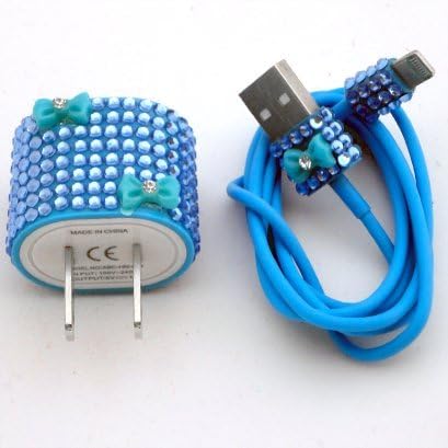 Iphone 5 / 6 / 6 Plus (8 Pin) - Rhinestone W/bow - Bling Cell Phone Charger /W Cable (Light Blue)