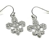 Beautiful Ice Crystal Fleur De Lis Dangle Earrings Silver Tone