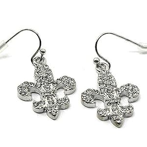 Beautiful Ice Crystal Fleur De Lis Dangle Earrings Silver Tone