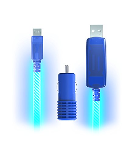 Light Pulse Charge & Sync Cables - Blue Electroluminescent Visual Light Charge & Sync Cables - Micro USB with Car 12v Adapter