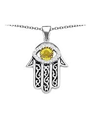 Original Star K (tm) Kabbalah Good Luck Hamsa Evil Eye Protection Pendant with Round Simulated Citrine in 925 Sterling Silver