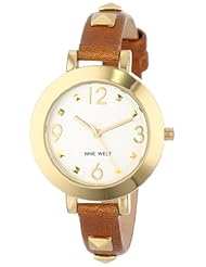Nine West Womens NW/1498SVBN Gold-Tone Pyramid Studded Brown Strap Watch