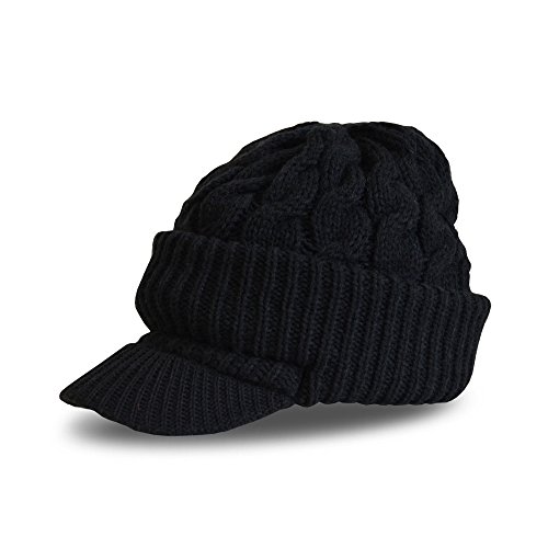 Newsboy Jeep knitted hat with short cute trendy visor winter warm for women (One Size Fits Most, Black_Heavyweight)