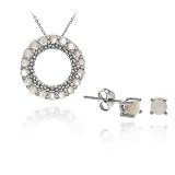 Sterling Silver Genuine Mother of Pearl stone Eternity Pendant Earrings Set