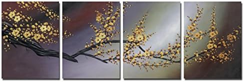 Wieco Art - Plum Blossom Hand-painted Oil Paintings, Stretched and Framed Modern Canvas Wall Art Wall Decor Floral Oil Painting on Canvas for Home Decor 20x24inchx4pcs/set