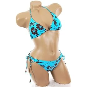 Sexy Blue Hawaiian Tropical Print Bikini Slide Triangle Top Brazilian Cut Tie Side Bottom Swimsuit