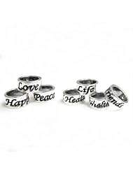 7 pcs .925 Sterling Silver Love Peace Happiness Health Wealth Friends Long Life Ring Word of Wishes Bead For Pandora, Troll Chamilia BIagi European Story Charm Bracelet