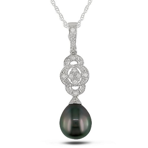 Sterling Silver Tahitian Cultured Pearl and Diamond Fashion Pendant Necklace, (.05 cttw, G-H, Color, I2-I3 Clarity), 18"