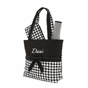 Quilted Houndtooth Monogrammed Black/White 3pc Diaper Tote