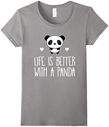 Women's Life Is Better With A Panda Animal Bear Hearts T-Shirt Medium Slate