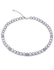 8-9mm Purple Freshwater Pearl with CZ Beads 16.5"+2" Extended Chain Necklace. Secured with Sterling Silver Lobster-claw-clasp.