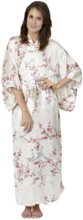 Beautiful Robes Women's Plum &amp; Crane Silk Kimono White Long