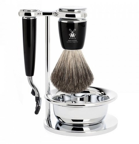 MÜHLE Kit de rasage 4 pièces RYTMO avec brosse en poils de blaireau pur et rasoir Mach3, manche en résine précieuse Noir