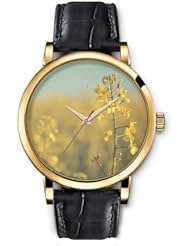 SPRAWL Aanalog Fashion Series Gold Ladies Watches of Genuine Black Leather Strap,Unique Wrist Watch for Women Girls Designed with daisy flowers