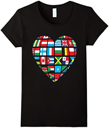 Women's World Global Country Flag National Pride Globe Heart T-Shirt Medium Black