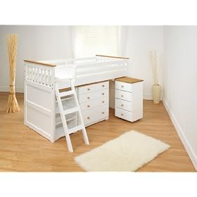 3ft Single Captain Cabin Storage Midsleeper Bunk Solid Pine Wooden Bed Bedstead - White & Waxed Pine (Made from High Quality Brazilian Sustainable Pine)