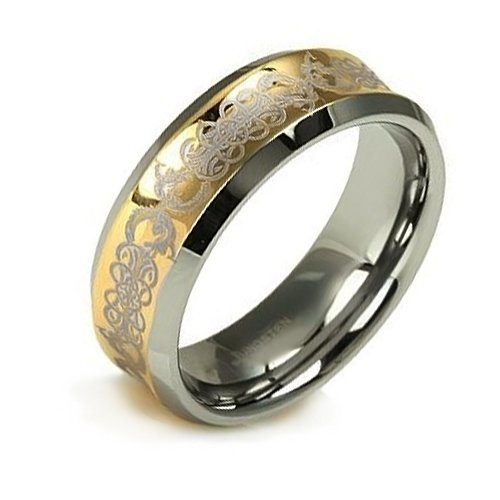 Bling Jewelry Concave Gold Inlay Celtic Tungsten Wedding Band Ring 9mm