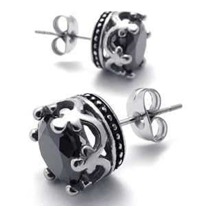 KONOV Jewelry Vintage Stainless Steel Cubic Zirconia Mens Royal Crown Stud Earrings Set, 2pcs, Color Black Silver (with Gift Bag)