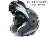 DOT APPROVED - MOTORCYCLE FLIP UP MODULAR HELMET DUAL VISOR (CLEAR & SMOKE) TRIBAL MATTE FLAT BLACK SPORT STREET BIKE CRUISER SNOWMOBILE HELMET - SMALL