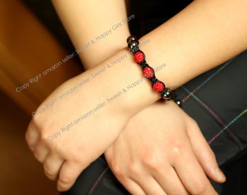 3 Beads Red Pave Sparkle Crystal Ball Hand-Woven Bracelet Adjustable 3 Beads