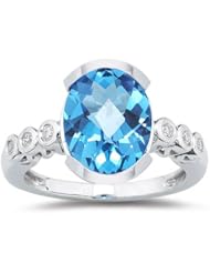 0.12 Cts Diamond & 5.90 Cts Swiss Blue Topaz Ring in 14K White Gold