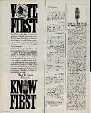 VOTE FIRST - KNOW FIRST This Election Day, be sure your vote won't
go by default. Vote your choice. Don't vote, and the choice is
someone else's. This Election Night, CBS Radio will bring together
such expert newsmen as Douglas Edwards, Allan Jackson, Richard C.
Hottelet, Charles Kuralt, Harry Reasoner, Eric Sevareid, Dallas
Townsend, Robert Trout and more - along with Vote Analysis. .....
1964 CBS Radio Network Ad, A4610.