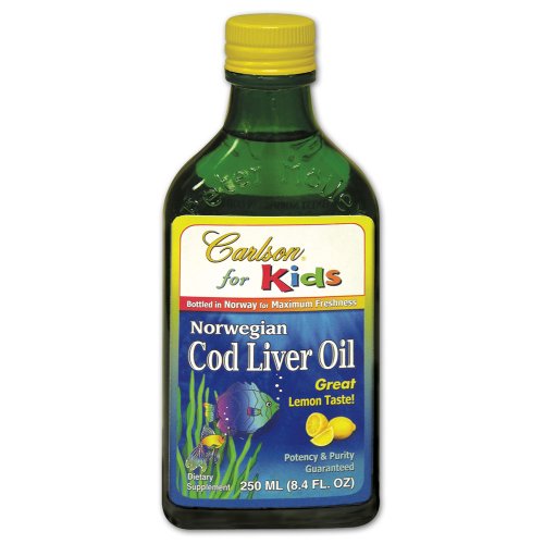 Carlson Labs Norwegian Carlson for Kids Natural Vitamin E Cod Liver Oil, Lemon, 250ml Glass Bottle
