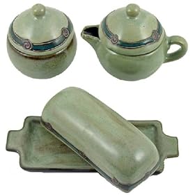 MARA Stoneware CREAMER SUGAR BOWL And BUTTER DISH Antique Green Design SET by CollectibleXchange