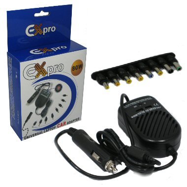 Ex-Pro 80w Universal Laptop Notebook power supply Car 11-14v via In-Car Adapter for Travel use , selectable fixed output voltage 15v, 16v, 18v, 19v, 20v, 22v, 24v Output current listed on specs Max 4.0amp (15-24v DC by selection) - 80w . Covers a wide range of laptops coming with 8 common adapters for Compaq, Toshiba Sattelite, Dell, HP, IBM, Gateway, Fujitsu, Sharp & Acer Laptops - CHECK your voltage & Amp RATING