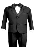 Boys 5-pc Deluxe Black Tuxedo Set , Pintucked Formal Shirt, Vest, Satin Piping Slacks, Satin Buttons, Satin Bowtie with Neckband