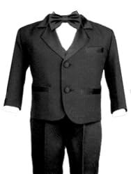 Boys 4-pc Deluxe Black Tuxedo Set , Pintucked Formal Shirt, Satin Piping Slacks, Satin Buttons, Satin Bowtie with Neckband